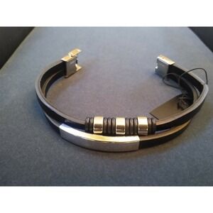 2 Strand Black PU Leather / Steel Bracelet. Be a Rockstar! ~New~‎